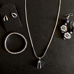 Black & Silver Necklace, Bracelet, and Two Pair Earrings